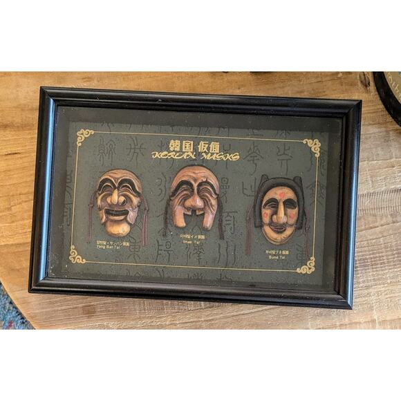 Vintage Korean Hahoetal Hahoe Pyolsin-Gut 3D Carved Masks In Glass Shadowbox - Picture 2 of 8